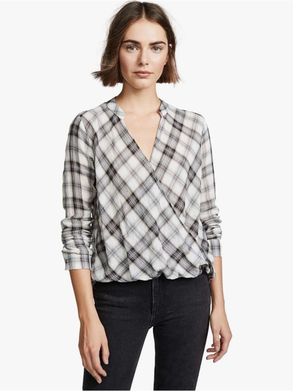 Splendid Plaid Crossover Wrap Front Blouse White Gray Size Small